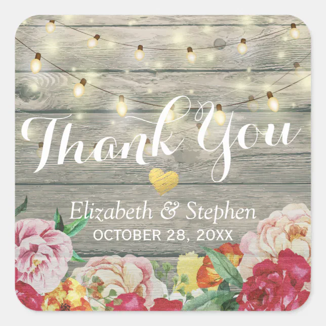 Rustic Wood Floral String Lights Wedding Thank You Square Sticker | Zazzle