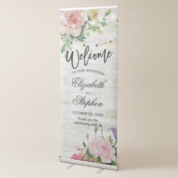Rustic Wood Floral String Lights Wedding Welcome Retractable Banner by ReadyCardCard at Zazzle