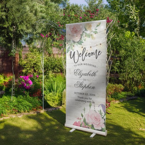 Rustic Wood Floral String Lights Wedding Welcome Retractable Banner