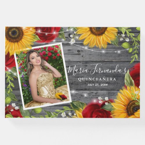 Rustic Wood Floral Sunflower Rose Quinceanera Guest Book