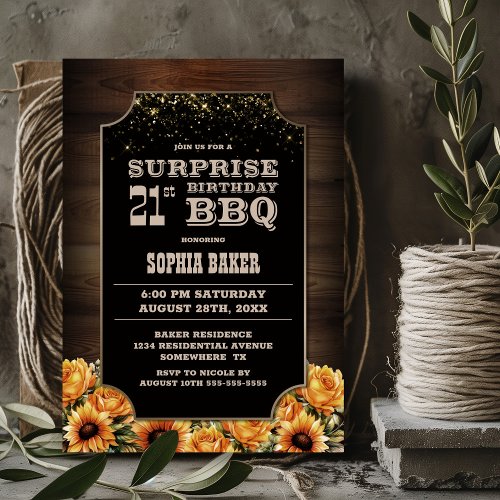 Rustic Wood Floral Surprise 21st Birthday BBQ Invitation