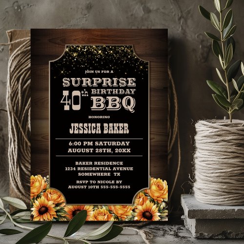 Rustic Wood Floral Surprise 40th Birthday BBQ Invitation