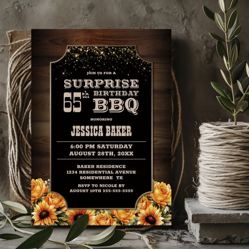 Rustic Wood Floral Surprise 65th Birthday BBQ Invitation