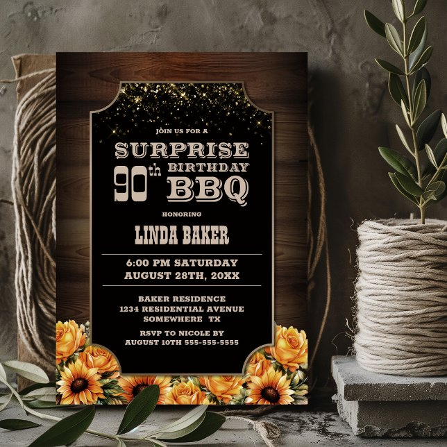 Rustic Wood Floral Surprise 90th Birthday BBQ Invitation (Creator Uploaded)