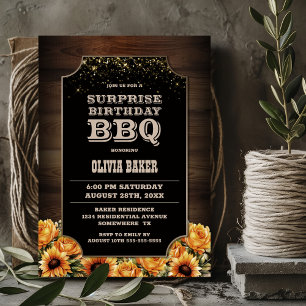 Rustic Wood Floral Surprise Birthday BBQ Invitation