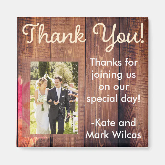 Rustic Wood Floral Thank You Wedding Magnet | Zazzle