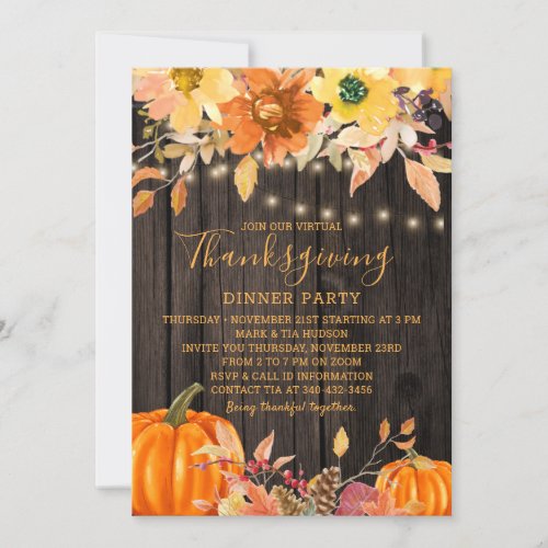 Rustic Wood Floral Virtual Thanksgiving Dinner Invitation