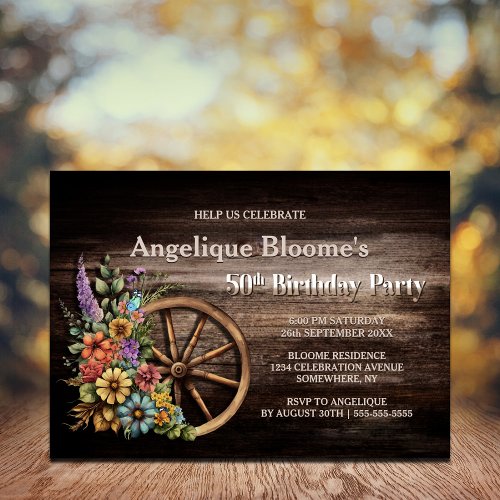 Rustic Wood Floral Wagon Wheel 50th Birthday Invitation