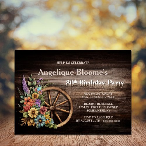 Rustic Wood Floral Wagon Wheel 80th Birthday Invitation