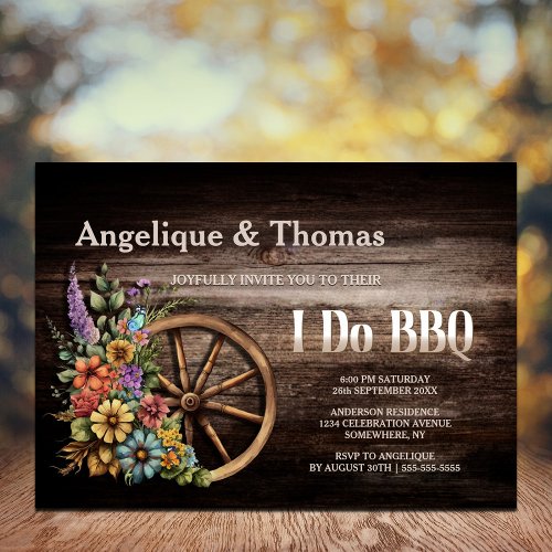 Rustic Wood Floral Wagon Wheel I Do BBQ Invitation