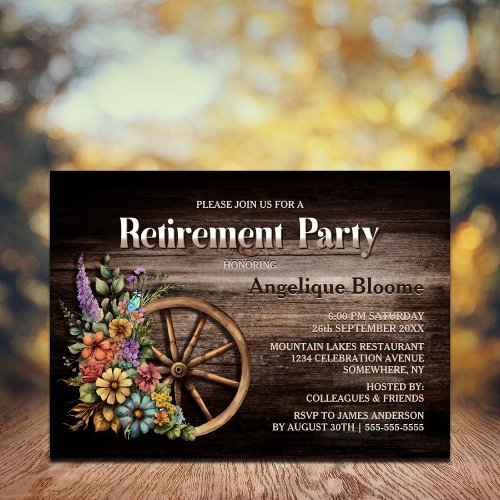 Rustic Wood Floral Wagon Wheel Retirement Party Invitation
