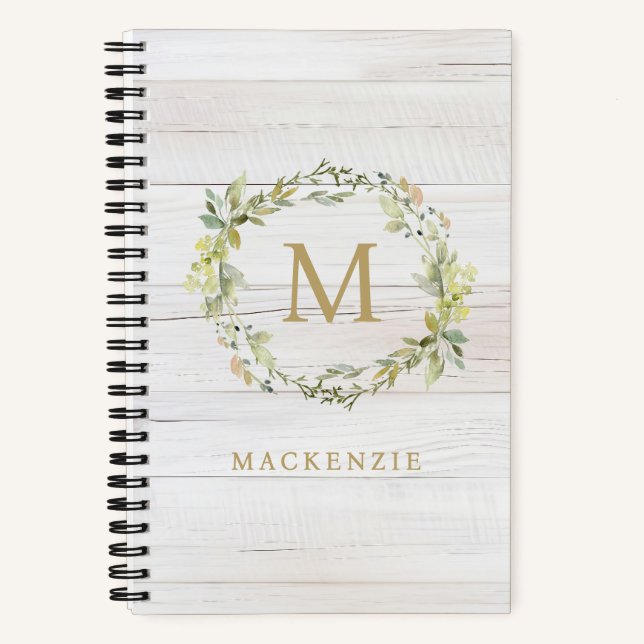 Rustic Wood Floral Watercolor Monogram Notebook (Front)