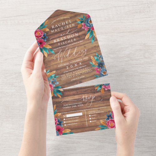 Rustic Wood Floral Watercolor Wedding All In One Invitation