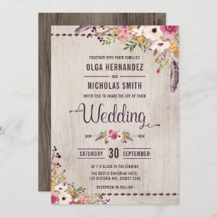 Rustic Wood Floral Wedding Invitation Boho Party