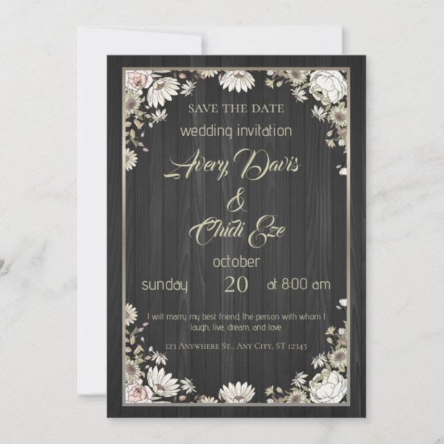 Rustic Wood Floral Wedding Invitation Template (Front)