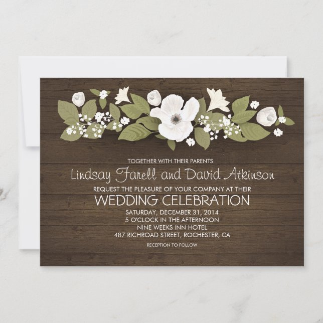 rustic wood floral wedding invitations (Front)