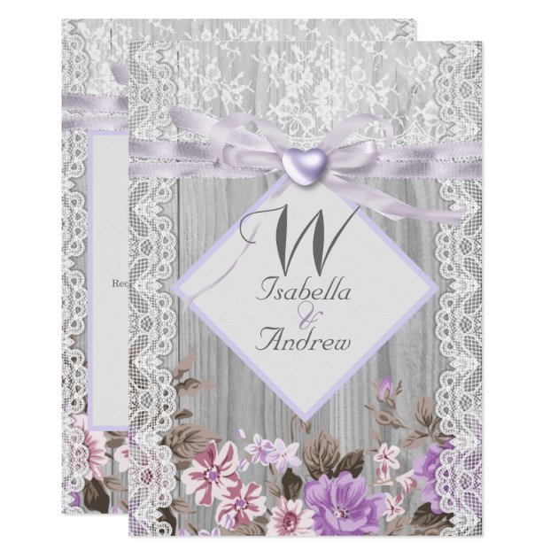 Rustic Wood Floral Wedding Lavender Lace Invitation