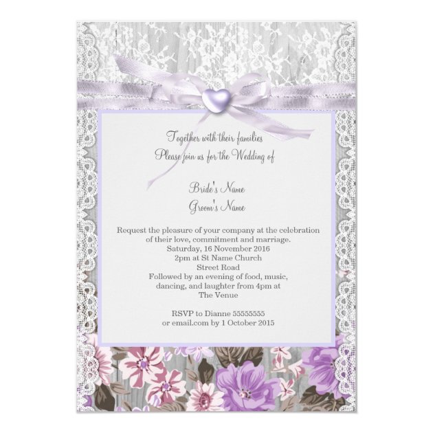 Rustic Wood Floral Wedding Lavender Lace Invitation