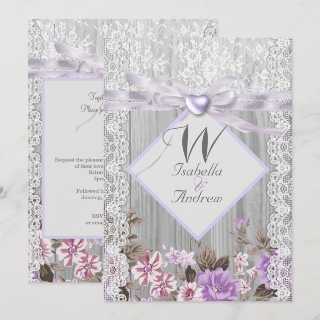 Rustic Wood Floral Wedding Lavender Lace Invitation (Front/Back)