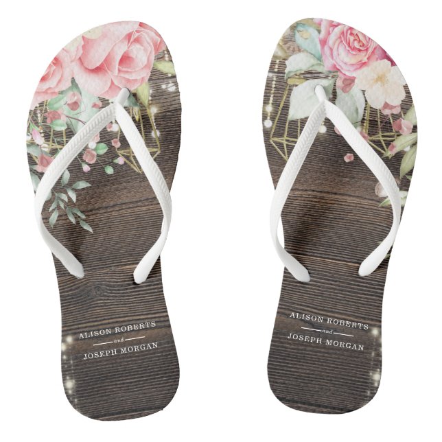 Rustic Wood Floral Wedding Personalized Flip Flops (Footbed)