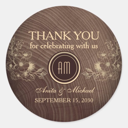 Rustic Wood Floral Wedding Thank You Classic Round Sticker