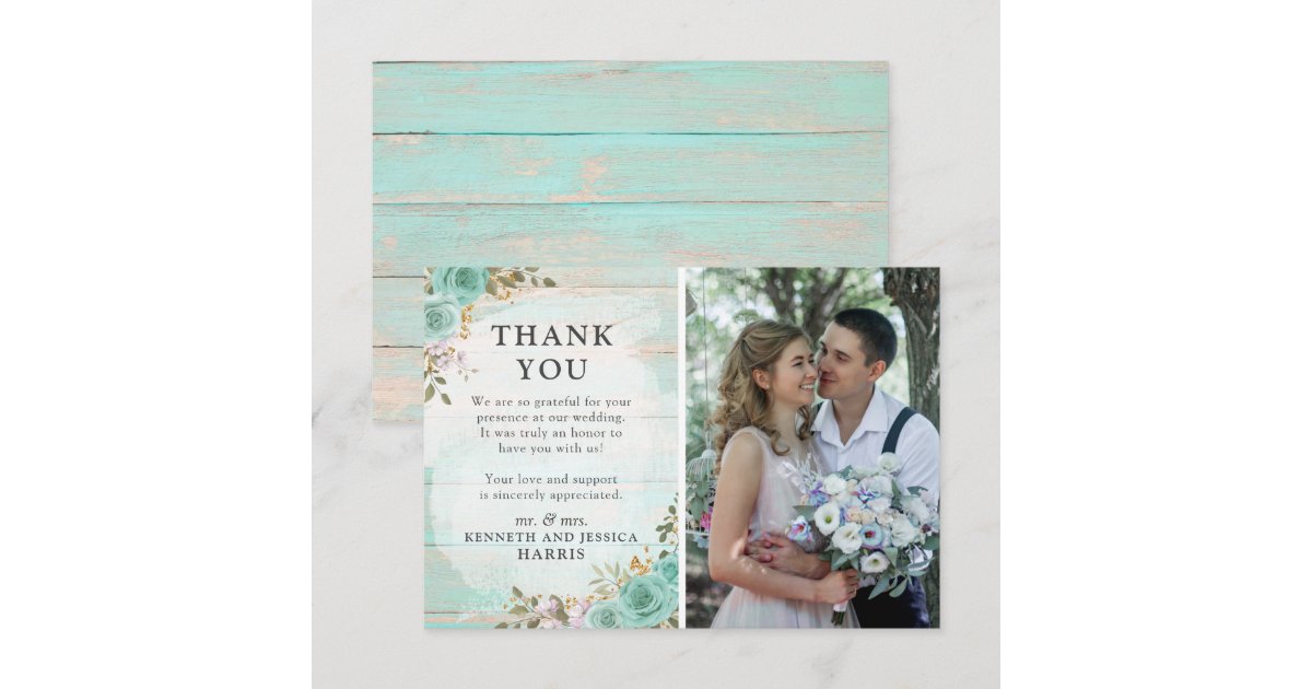 Rustic Wood Floral Wedding Thank You Photo Card | Zazzle