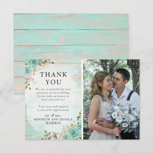 Rustic Wood Floral Wedding Thank You Photo Card | Zazzle