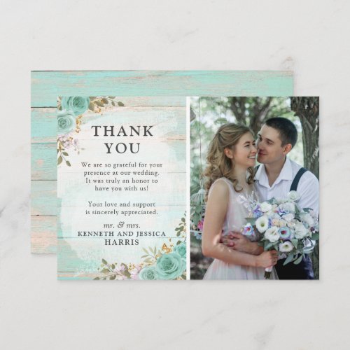 Rustic Wood Floral Wedding Thank You Photo Card