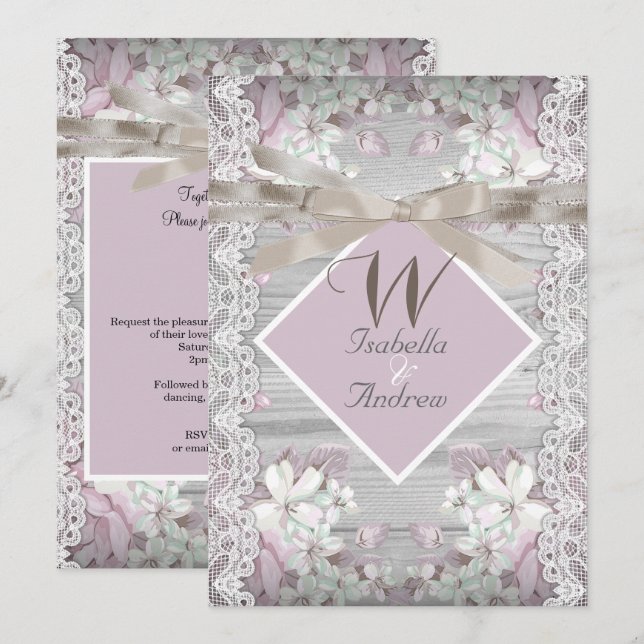 Rustic Wood Floral Wedding White Lace Pink Invitation (Front/Back)