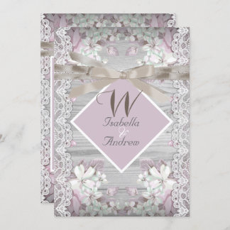 Rustic Wood Floral Wedding White Lace Pink Invitation