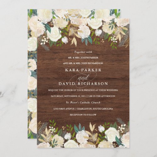 Rustic Wood  Floral Wedding with Photo Back Invitation