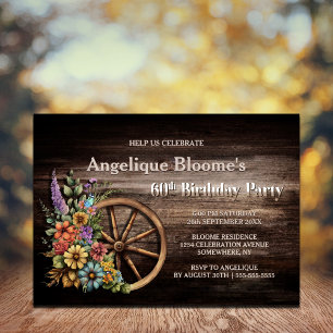 Rustic Wood Floral Western 60th Birthday Invitation