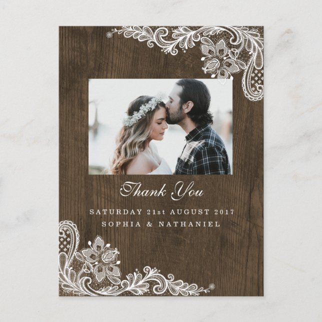 Rustic Wood & Floral White Lace Elegant Thank You Postcard (Front)