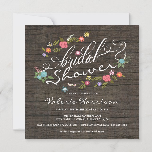 Rustic Wood Floral Wreath Bridal Shower Invites (Front)