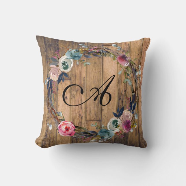 Rustic Wood Floral Wreath Farmhouse Chic Throw Pillow (Front)