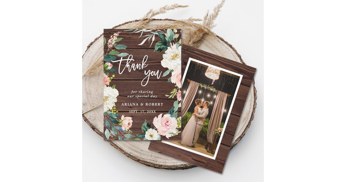 Rustic Wood Floral Wreath Photo Thank You Card | Zazzle