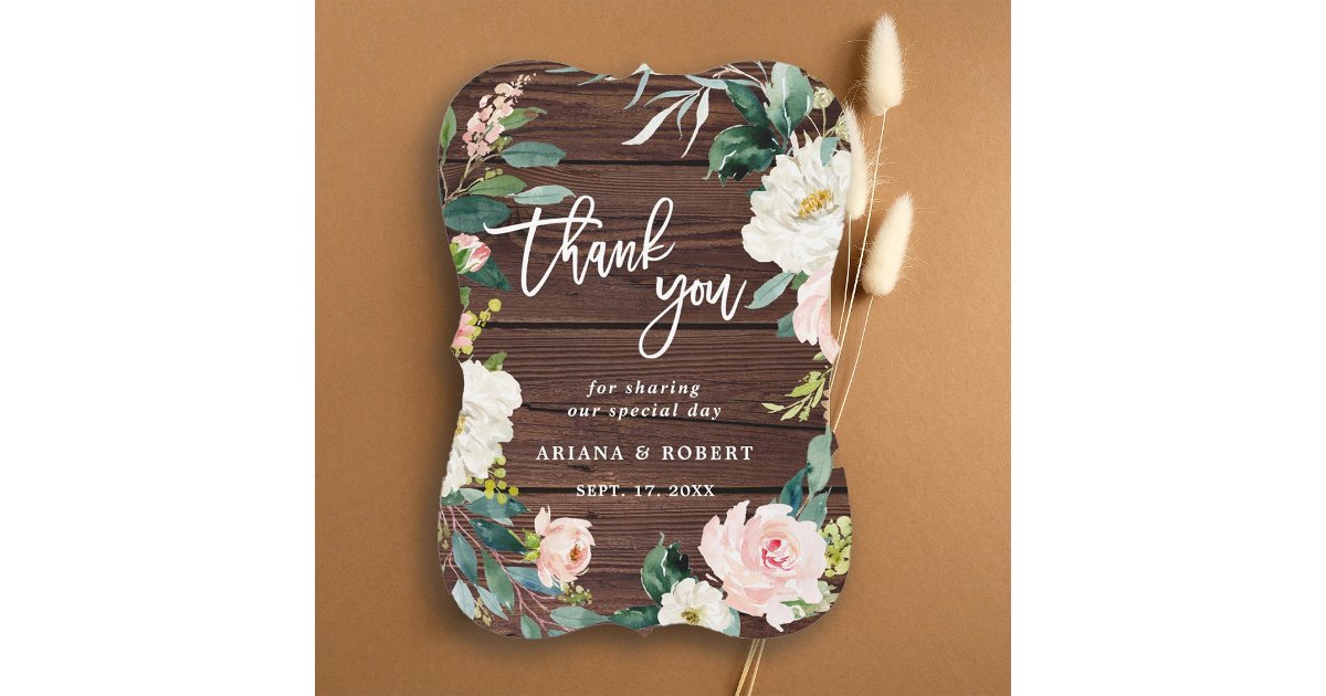 Rustic Wood Floral Wreath Wedding Thank You Card | Zazzle