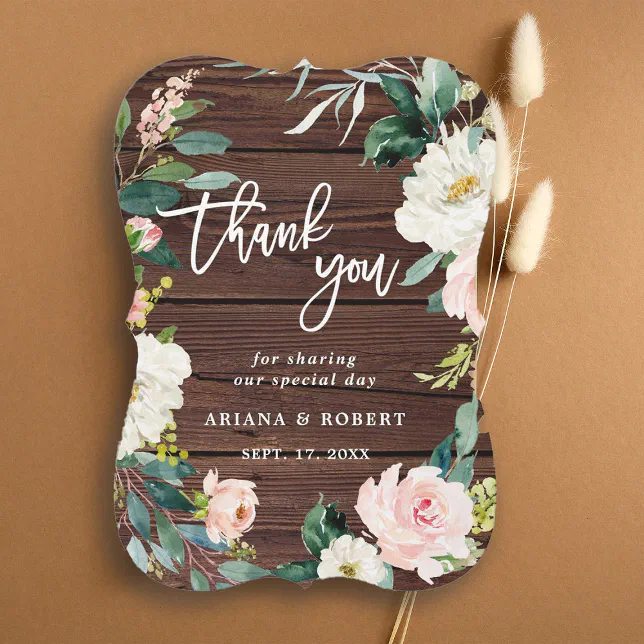 Rustic Wood Floral Wreath Wedding Thank You Card | Zazzle