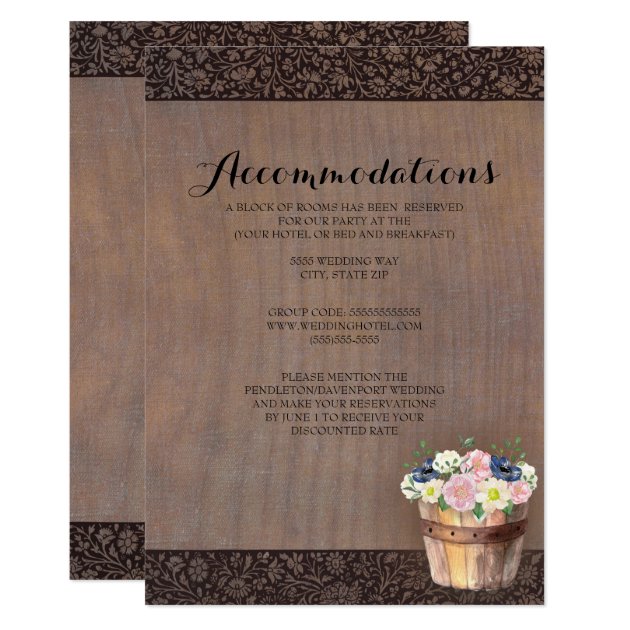 Rustic Wood Flower Basket Wedding Accommodations Card