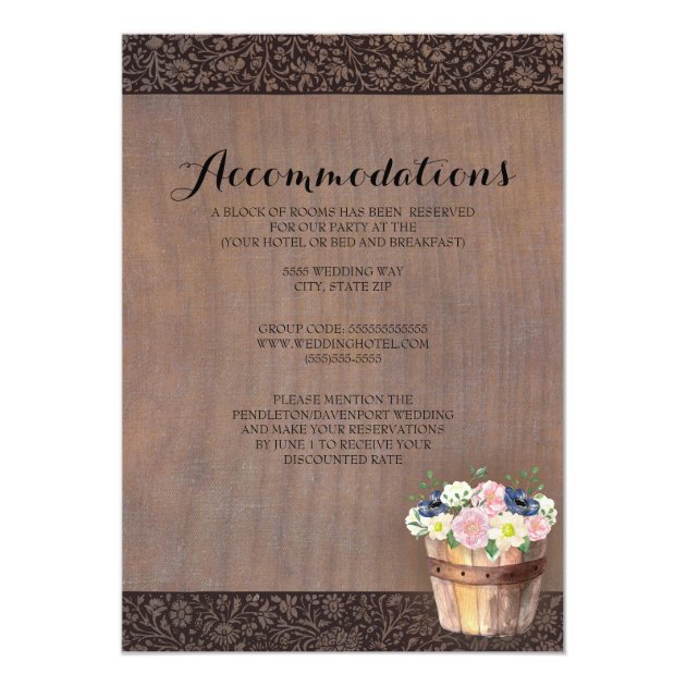 Rustic Wood Flower Basket Wedding Accommodations Card