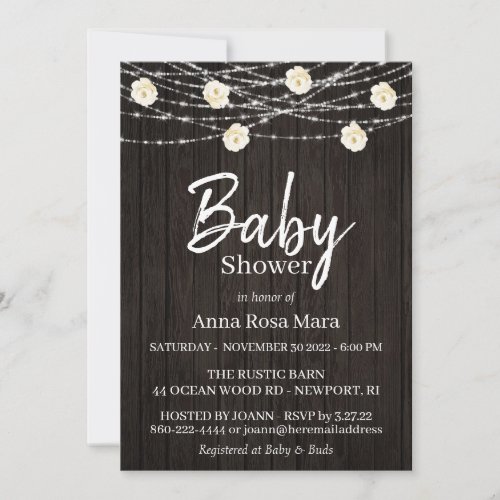 *~* Rustic Wood Flower Lights Roses Baby Shower Invitation