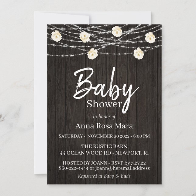 *~* Rustic Wood Flower Lights Roses Baby Shower Invitation (Front)