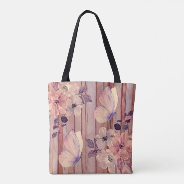 Rustic Wood Flowers and Butterflies  Tote Bag (Back)