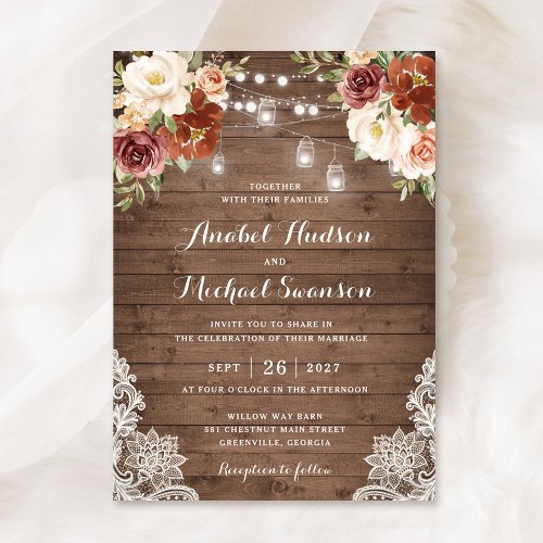 Rustic Wood Flowers Lace String Light Wedding Invitation