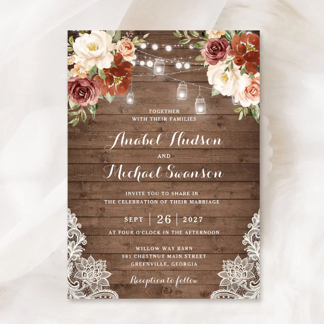 Rustic Wood Flowers Lace String Light Wedding Invitation | Zazzle