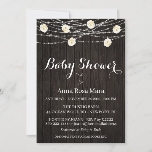 *~* Rustic Wood Flowers Lights Roses Baby Shower Invitation