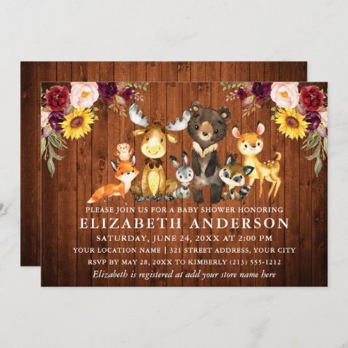 Rustic Wood Flowers Woodland Animals Shower Invitation