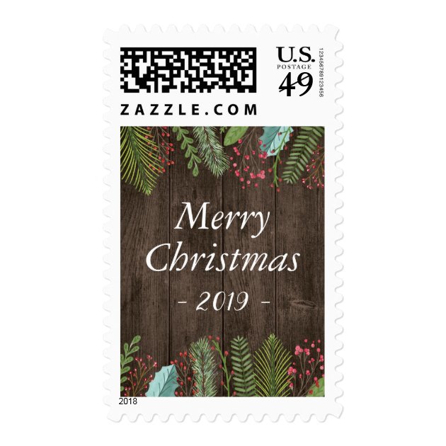 Rustic Wood Foliage Chic Merry Christmas Holiday Postage