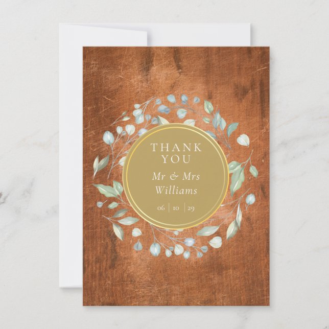 Rustic Wood Foliage Garland Gold Wedding Thank You Card (Front)