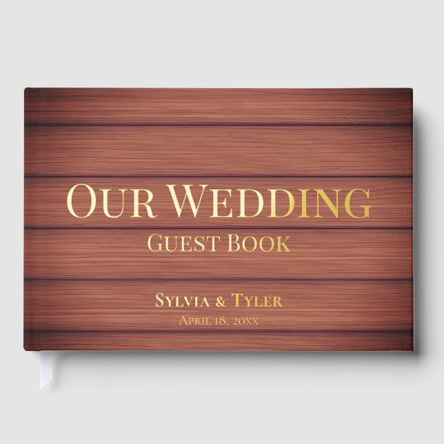 Rustic Wood Foliage Gold Foil Wedding Guest Book (Front)